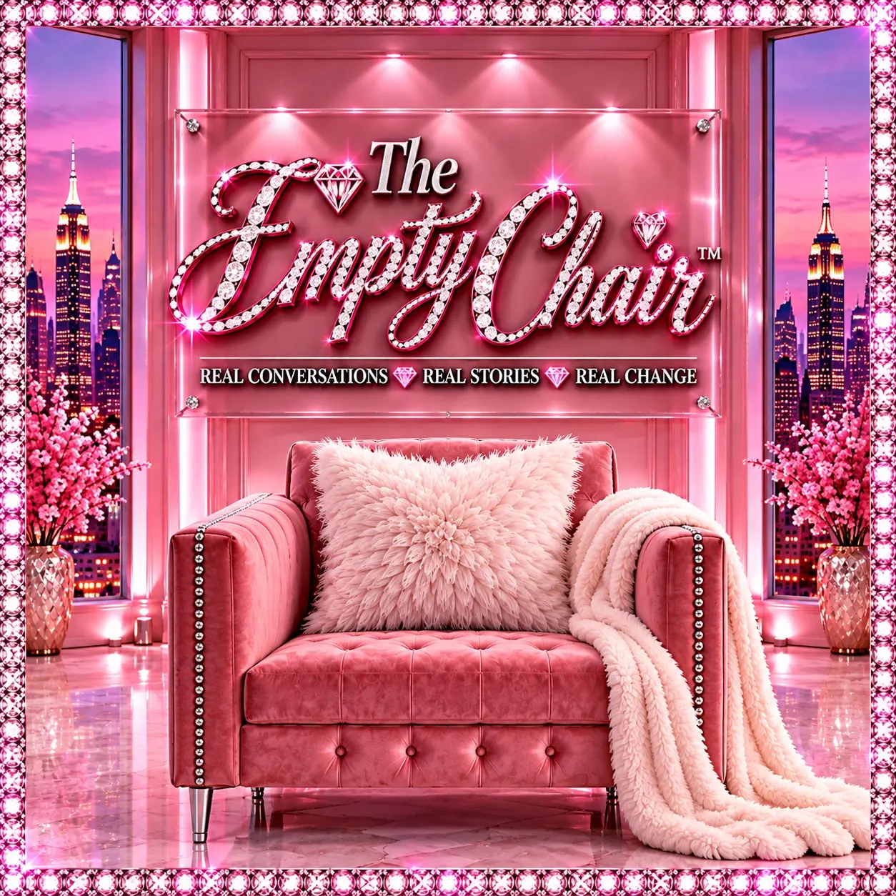 The Empty Chair™ podcast cover: a pink velvet chair beneath diamond lettering