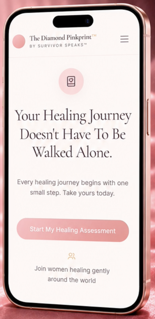 The Diamond Pinkprint™ app shown on an iPhone, with the healing assessment welcome screen